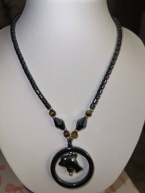 Hematite and Tiger Eye Dolphin Pendant Necklace - Black